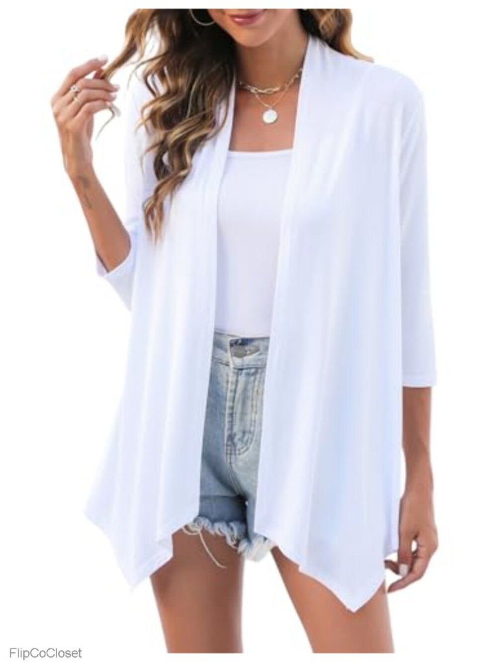 Womens 3/4 Sleeve Cardigan Lightweight Draped Open Front